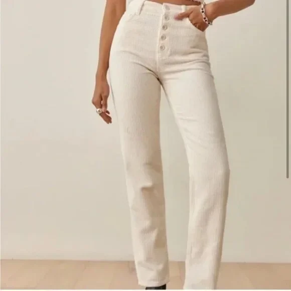 Last Chance! New Ref Cynthia Button Fly Corduroy Straight Leg Pants Cream 25 - Picture 1 of 8
